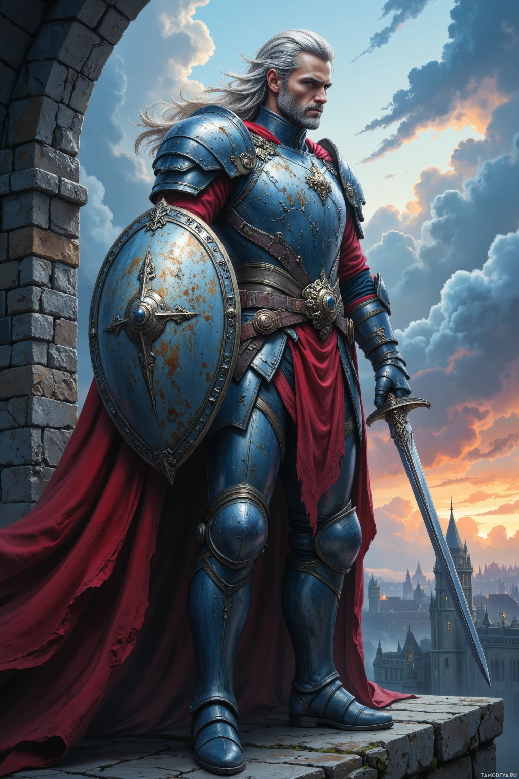 Realistic high quality photo. A tall silver-haired man with piercing blue eyes, in polished armor with silver trimmings and a flowing red cape, stands on a crumbling stone battlement at twilight, wind whipping his hair, a scarred shield raised before him while a gleaming sword hangs by his side amid distant clanging of iron weapons and swirling storm clouds.