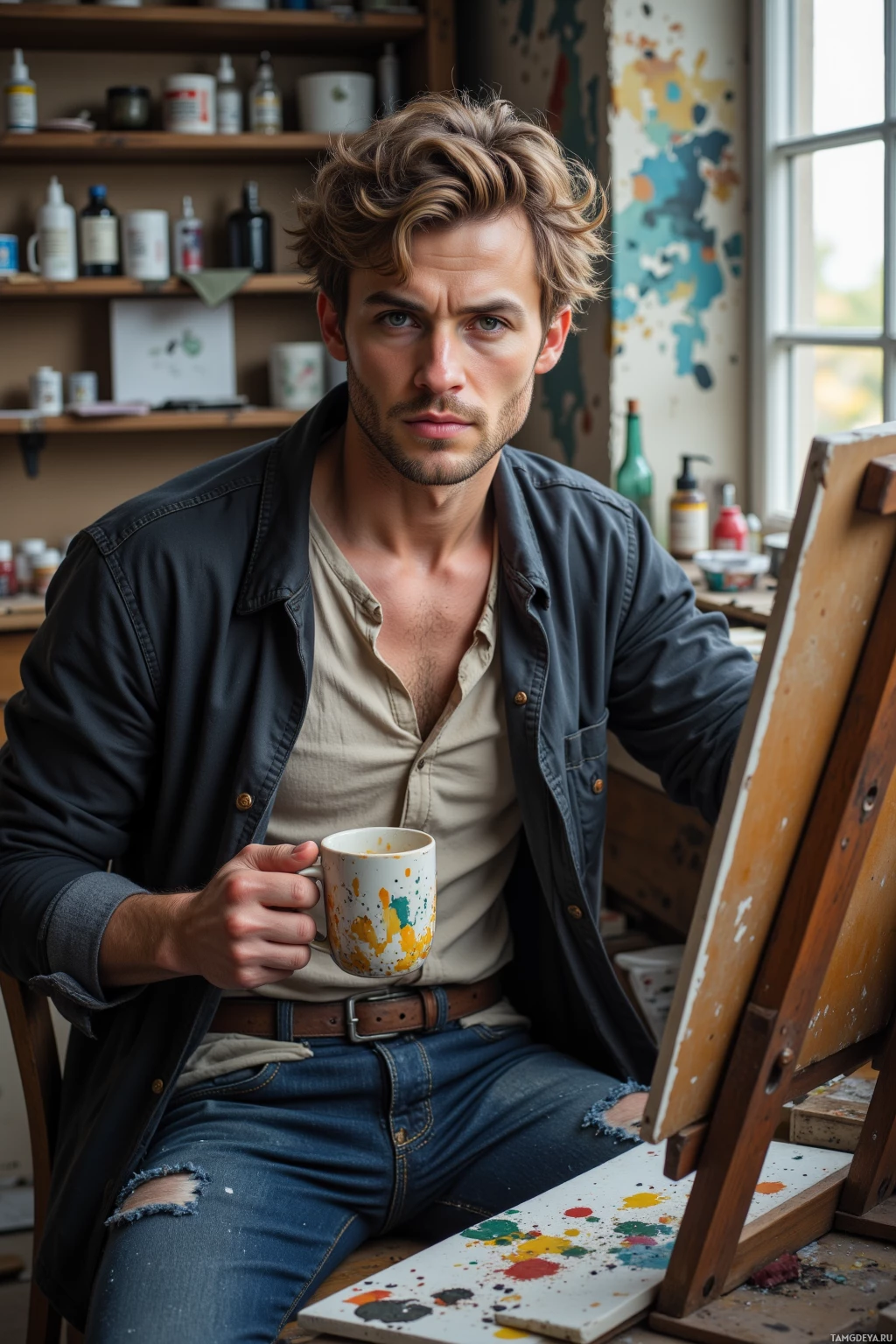Realistic high quality photo. A 35‑year‑old man with tousled light brown hair, pale skin, blue eyes, wearing a worn black jacket over a faded white shirt with frayed edges, sits at a cluttered studio easel in early morning light, holding a chipped ceramic mug, painting with a brush that splashes dusty pigment across a canvas, surrounded by paint tubes, canvases, and scattered dust, his posture restless yet contemplative, embodying a mix of creative frenzy and quiet inertia.