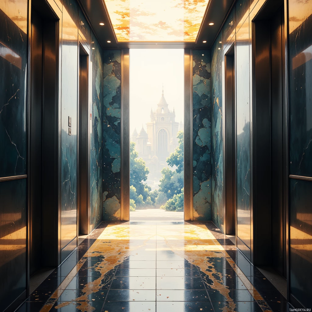 Semi-abstract image with many empty light space at center of beautiful background, that is suitable for the post:  The elevator's glass walls are a polished cuirass; I, a knight, compare their sheen to 15th‑century armor.