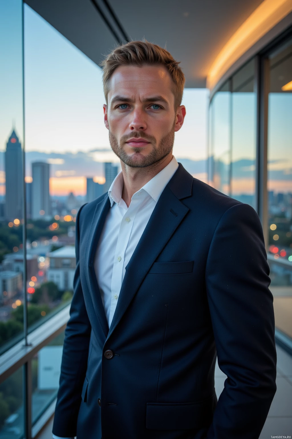 Realistic high quality photo. Tall 37‑year‑old man with short blonde hair, piercing blue eyes, sharp features, composed expression, wearing a tailored dark suit and crisp white shirt, standing on a glass office balcony at dusk overlooking a sprawling urban horizon, holding a sleek prototype, exuding calm confidence and strategic leadership amid a quiet modern office.