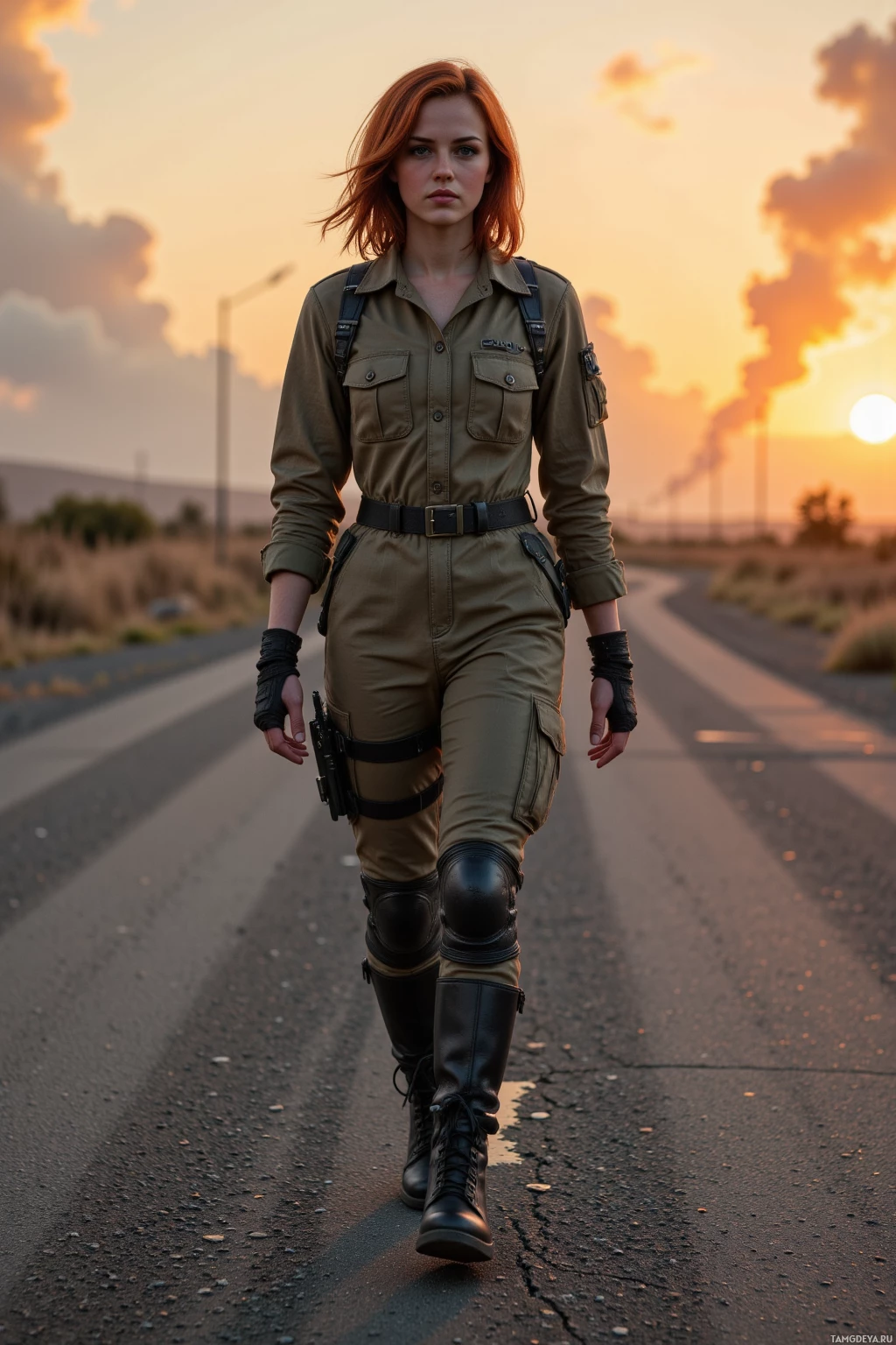 Realistic high quality photo. woman, fiery red hair shoulder‑length, hazel eyes, sun‑kissed skin, tactical jumpsuit with utility belts, knee‑high combat boots, walking swiftly on cracked asphalt in a post‑apocalyptic wasteland at dusk, ash falling like rain, distant explosions, silhouette moving faster than the sun.