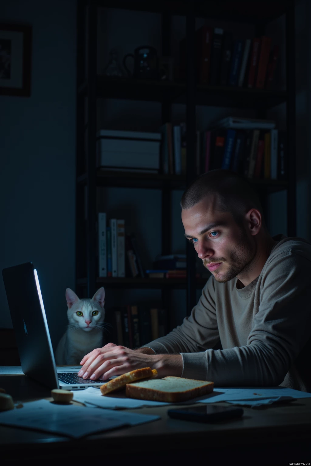Realistic high quality photo. Man, 31, buzzcut, blue‑green eyes, pale skin, wearing minimalist techwear, sits at midnight in a dim home office with a softly glowing laptop screen, an open bag of crisp toast beside him, while a cat stares unblinking at the code.