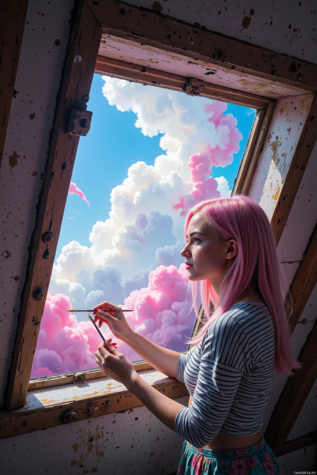 Realistic high quality photo. Woman, 23, pastel pink hair, bright blue eyes, wearing a striped shirt and floral skirt, gently paints swirling neon clouds onto the edges of a forgotten attic window in a dusty loft; she holds her paintbrush like a secret friend as colors flutter away.
