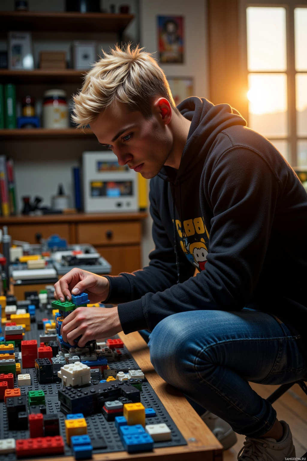 Realistic high quality photo. A 22‑year‑old man with short blonde hair, bright blue eyes, angular features, wearing a black hoodie with a Lego brick print, jeans and white sneakers, intensely focused on assembling a detailed Lego prototype in his dimly lit workshop while golden dawn light streams through the window and LED illumination highlights the scattered bricks.