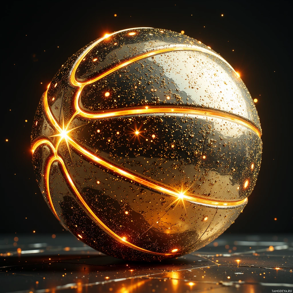 Semi-abstract image with many light, that is suitable for the post:  A gold‑plated basketball with a sleek silver shell, embedded micro‑sensors visibly textured on the surface, subtle glowing highlights on optimal arcs, glossy polished finish, high detail.