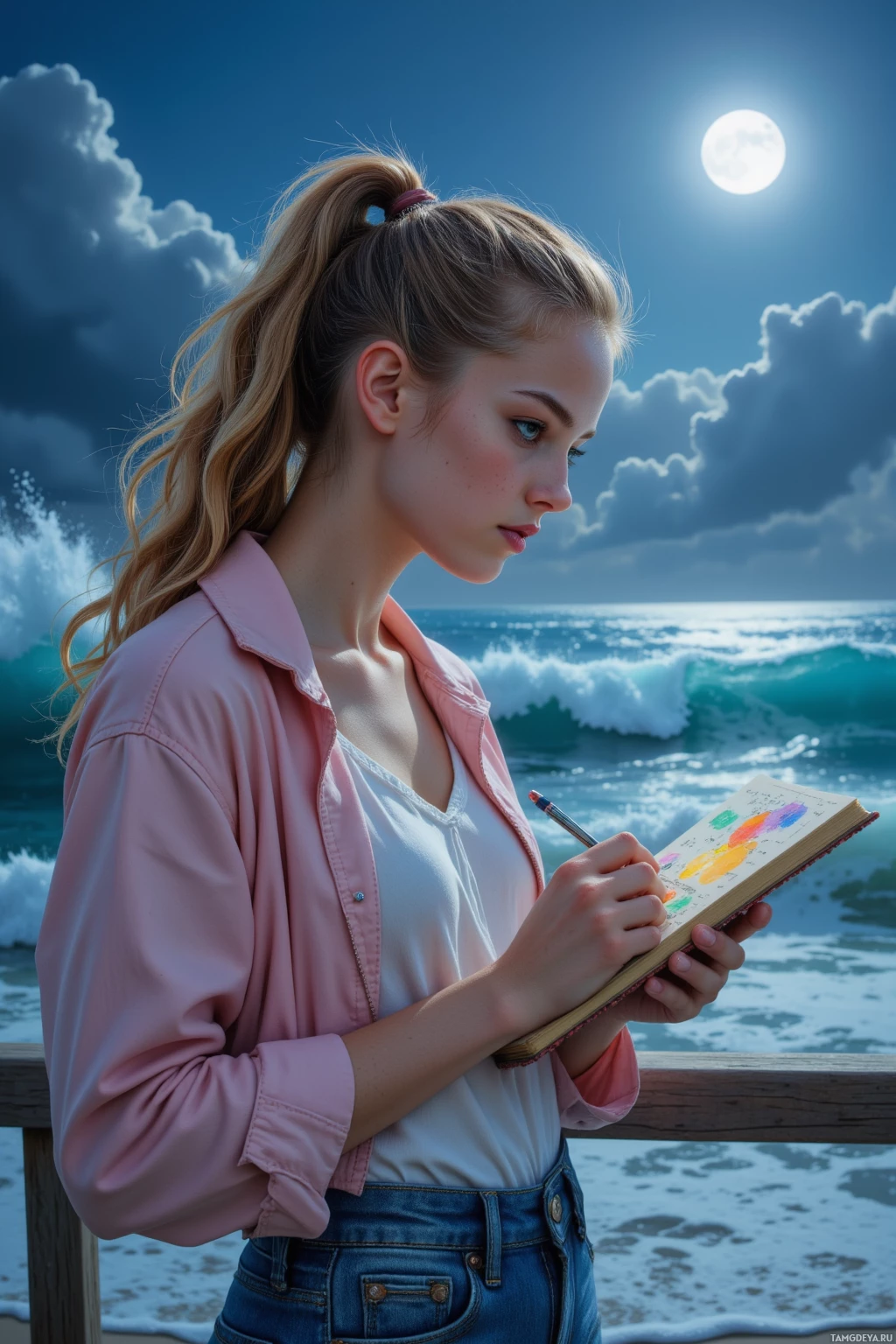 Realistic high quality photo. A 22‑year‑old woman with curly blonde ponytail, bright blue eyes, freckles on pale skin, wearing a pastel jacket over white shirt and high‑waisted jeans, sketches waves and moonlit silhouettes in a crumpled notebook while standing on a moonlit pier at the shoreline, watching a translucent shell wink like a lighthouse amid gentle sea spray.