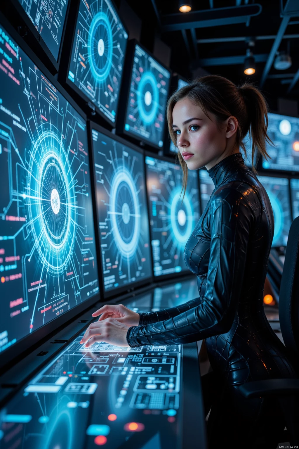 Realistic high quality photo. A dark-haired woman with sharp blue eyes, wearing a sleek web-patterned jumpsuit, calmly types at a holographic console in a low-lit cybernetic command center surrounded by floating screens of intricate fractal firewall patterns and cascading code lines.