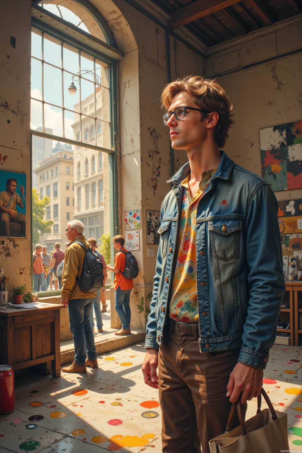Realistic high quality photo. A 26‑year‑old man with wavy light brown hair, green eyes, round glasses, patterned shirt and denim jacket, wearing vintage leather boots and holding a canvas tote, standing in a sun‑lit loft draped with vinyl records, watching a small group of artists gather under a lamppost in a nearby alley scented with fresh paint, with blinds filtering warm light.