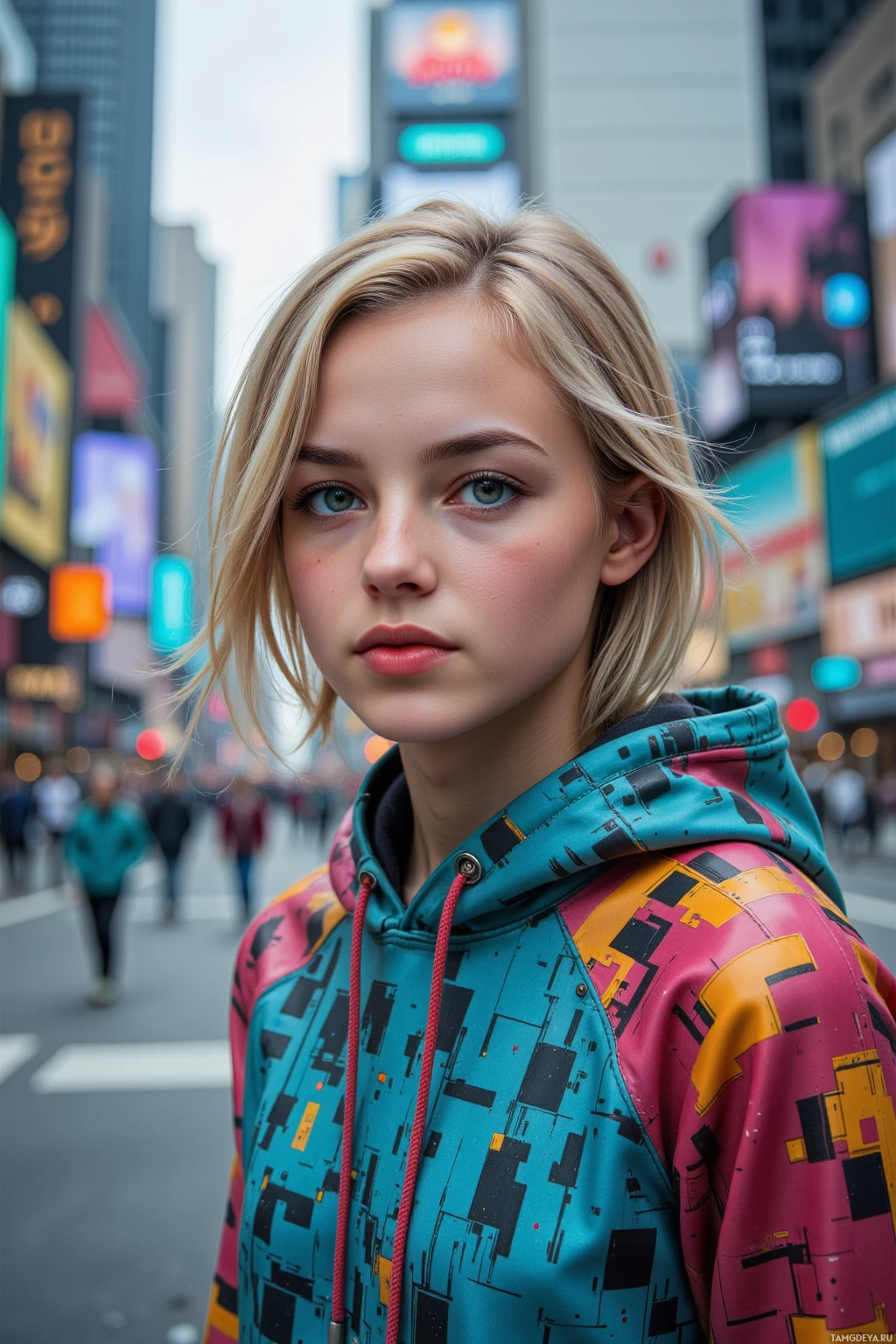 Realistic high quality photo. 19‑year‑old female with messy blonde bob and bright neon green eyes, wearing a vibrant pixelated hoodie with glitch patterns, dashes through a city grid of flickering holographic panels with her drone Pixel hovering beside her as she hacks a municipal traffic light to spark a temporary sky‑fire.
