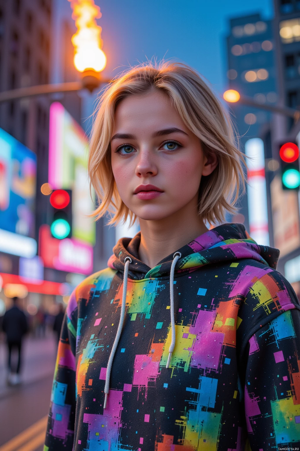 Realistic high quality photo. 19‑year‑old female with messy blonde bob and bright neon green eyes, wearing a vibrant pixelated hoodie with glitch patterns, dashes through a city grid of flickering holographic panels with her drone Pixel hovering beside her as she hacks a municipal traffic light to spark a temporary sky‑fire.