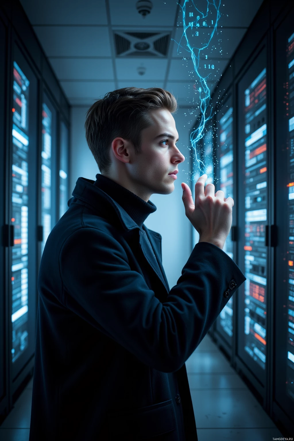Realistic high quality photo. Male, 37, slicked‑back light brown hair, gray eyes, wearing a black turtleneck and sleek futuristic coat, standing in a dim server room with glowing server racks, analyzing holographic hex and binary data streams projected above the racks under low ambient lighting.