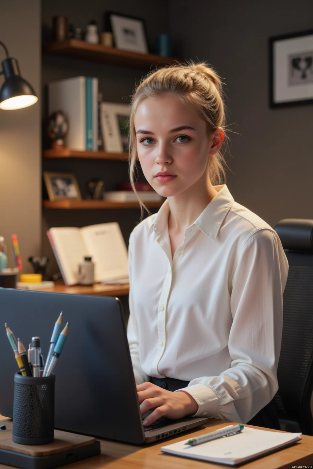 Realistic high quality photo. 17-year-old woman with short blonde hair in a neat ponytail, piercing blue eyes, pale skin, wearing a crisp white blouse and black pencil skirt, sitting at a modern wooden desk in her bedroom at evening, working on a laptop displaying a digital notes hierarchy while holding a mechanical pencil with a unique eraser in a small organizer on the desk, surrounded by neatly arranged stationery under soft desk lamp light.