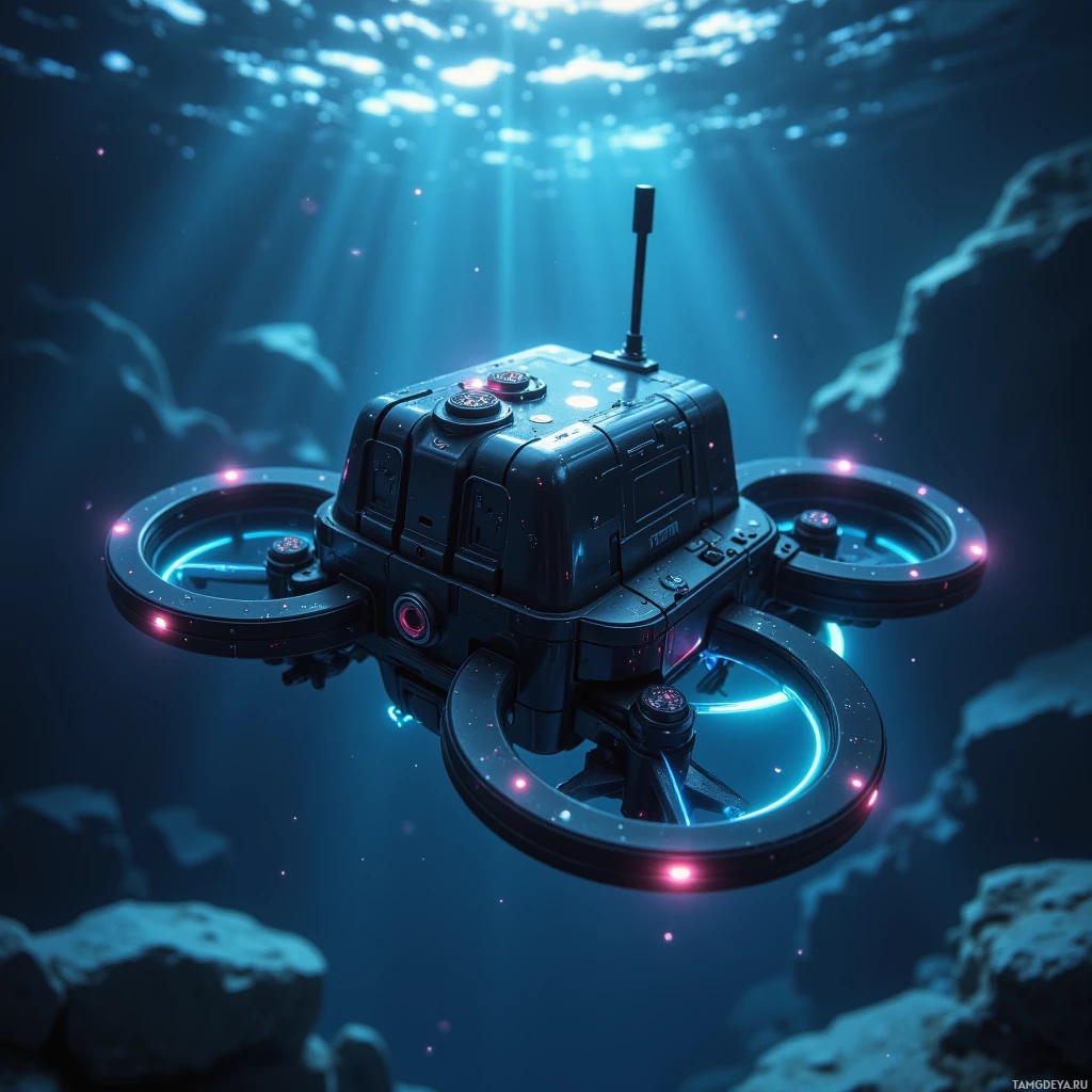 Semi-abstract image with many light, that is suitable for the post:  Glossy black cube handheld underwater drone with a bright LED ring, a thin flexible arm, a compact joystick, and a foldable, waterproof design.