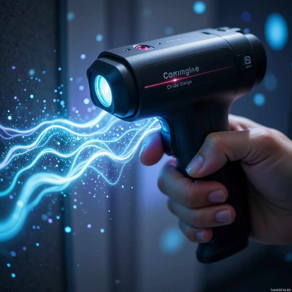 Semi-abstract image with many light, that is suitable for the post:  Matte black handheld spectral mapping scanner with a tiny holographic display projecting translucent, glowing waveforms onto walls, illuminating dust motes as shimmering holographic layers of light.