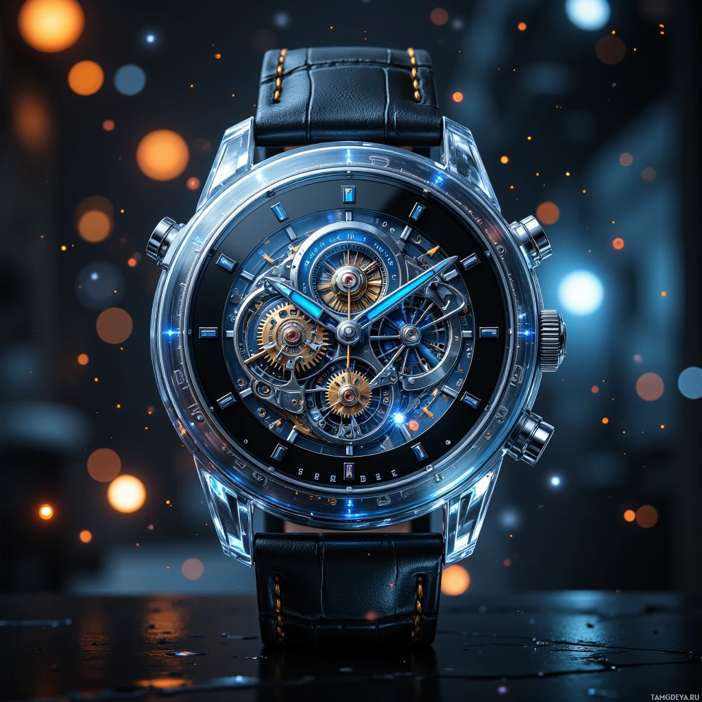 Semi-abstract image with many light, that is suitable for the post:  Clear glass modular watch with a slim profile, visible intricate gear train, removable mainspring, escapement, and dial, matte black bezel, automatic light‑sensing dial illumination, and a small metallic RFID tag integrated.