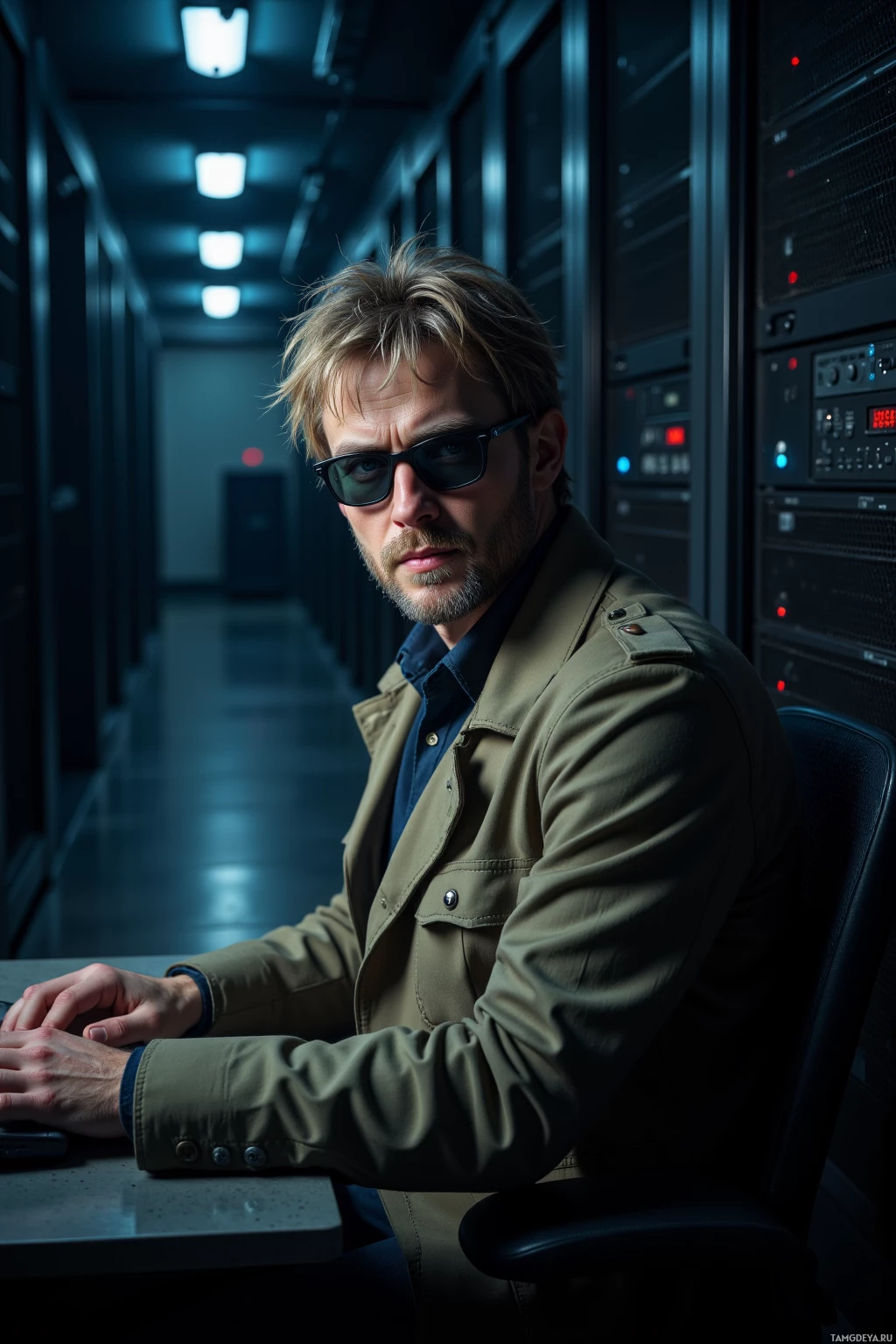 Realistic high quality photo. A calm 43‑year‑old man with messy blonde hair and piercing blue eyes, wearing a worn trench coat and dark sunglasses, sits alone at a flickering monitor in a dim server room at night, surrounded by humming racks and long shadows.