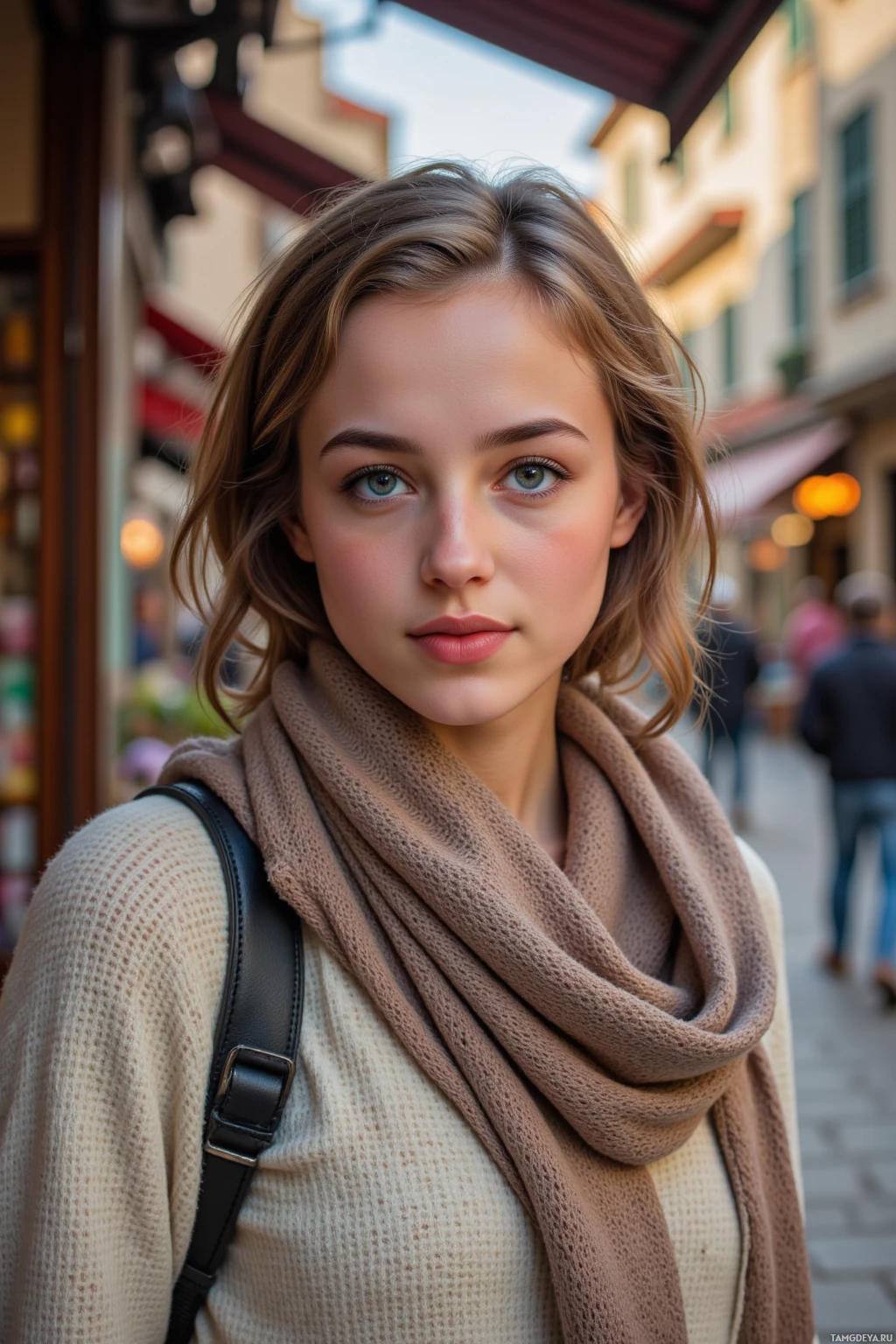 Realistic high quality photo. A 23‑year‑old woman with soft curly brown hair, bright blue eyes and warm complexion, wearing a cozy scarf and comfy sweater, stands in an old market corner where faded tiles are illuminated by afternoon light, gently smiling at a passerby as gentle shadows dance across the worn stones.