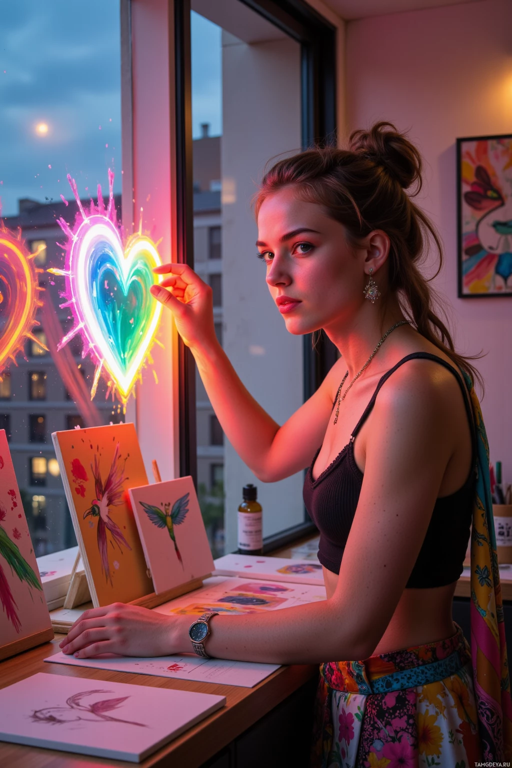 Realistic high quality photo. A 26‑year‑old woman with wild curly brown hair, bright blue eyes, fair skin, high cheekbones, mischievous smile, wearing an eclectic brightly patterned flowy skirt, statement jewelry, and a colorful scarf, sketching a glowing floating heart on a studio window while three canvases of pulsing colors sit beside her, the reflection of city lights shimmering on the glass, a hummingbird drawing on the fridge visible, her restless yet excited expression in a modern apartment interior bathed in warm evening light.