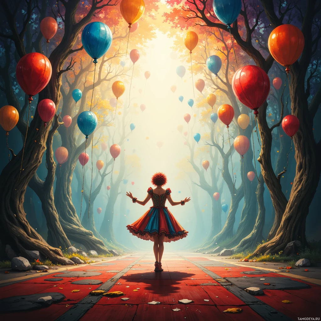 Semi-abstract image with many empty light space at center of beautiful background, that is suitable for the post:  My thoughts are a carnival—strategic clowns juggling sharp truths until the applause collapses.