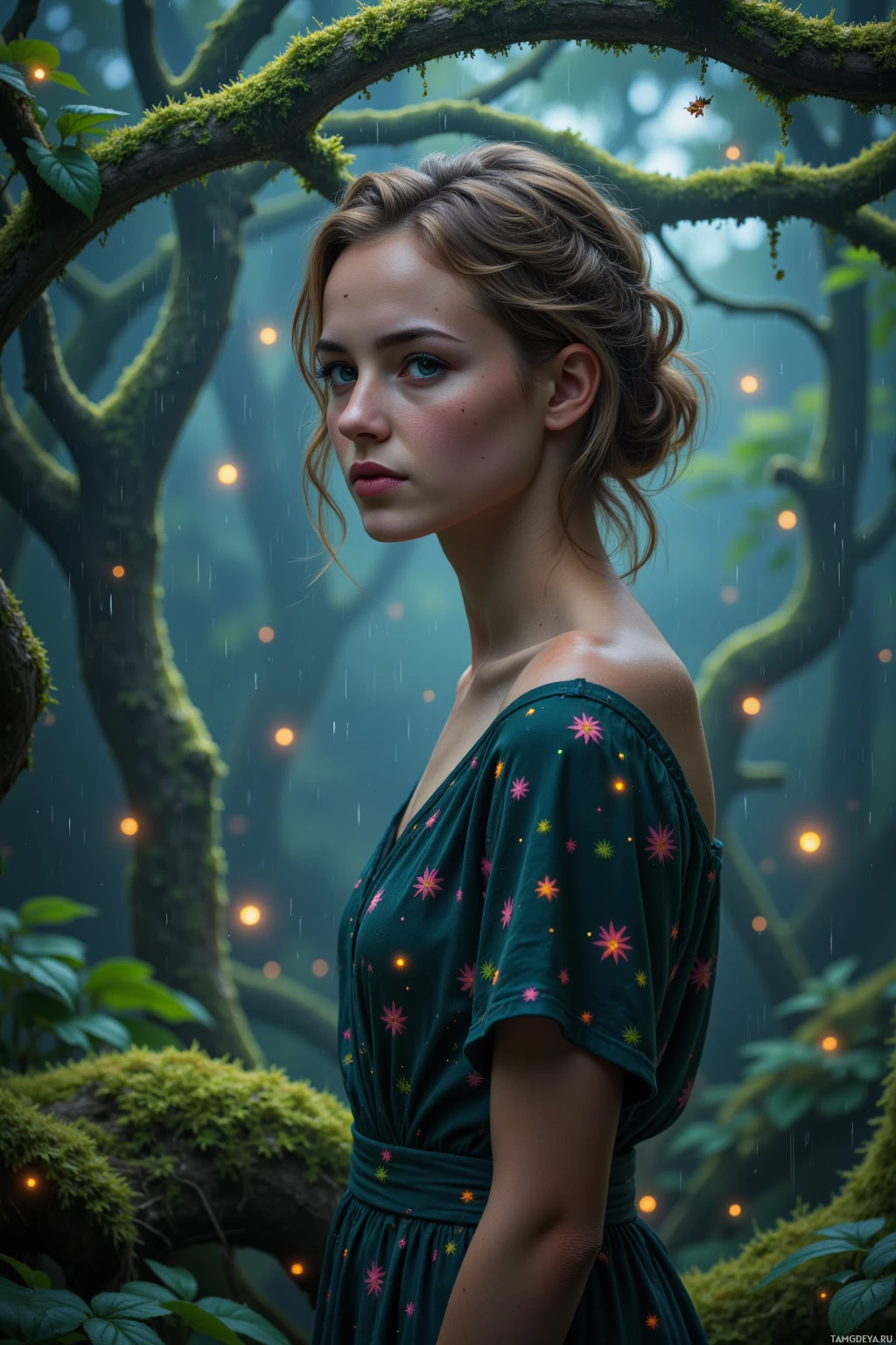 Realistic high quality photo. A 33‑year‑old woman with curly light brown hair, blue‑green eyes, fair skin, wearing a flowing dress with glowing leaf patterns and soft bioluminescent freckles, standing in a misty, bioluminescent moss canopy at night as nano‑bees scatter through unplanned rain drops falling on a simulated forest, with soft pulsing lights highlighting her thoughtful, detail‑oriented expression in a cybernetic garden.