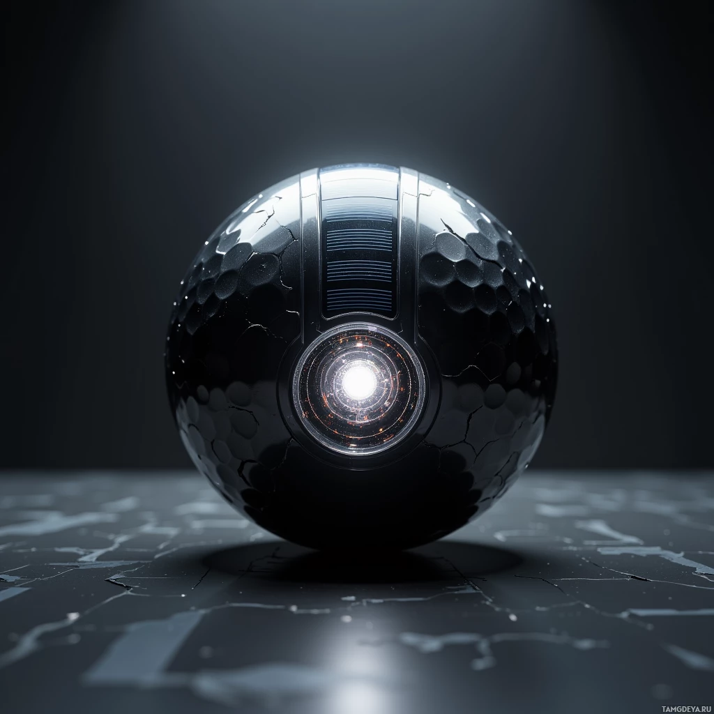Semi-abstract image with many light, that is suitable for the post:  A sleek black titanium sphere, golf ball sized, with a smooth polished finish, embedded solar cell array, faint glowing core, projecting soft holographic light.