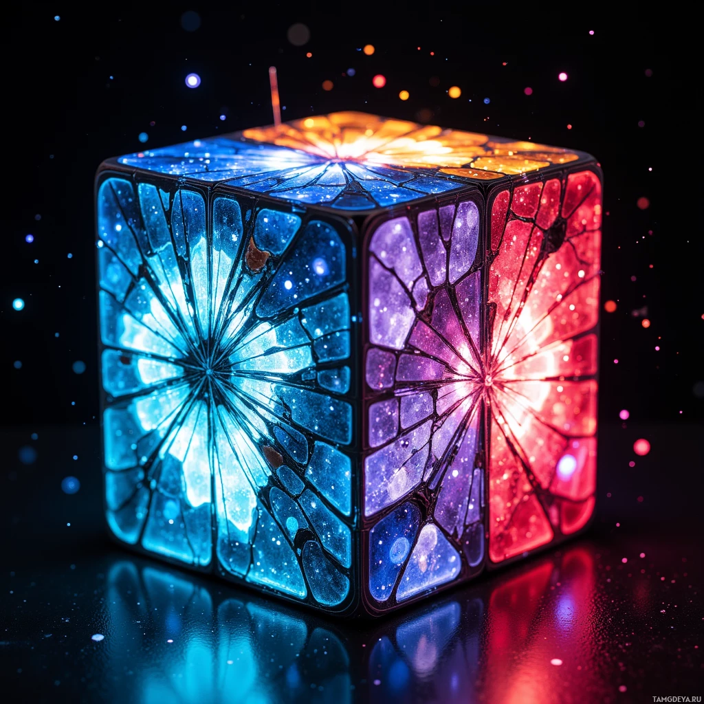 Semi-abstract image with many light, that is suitable for the post:  30‑cm cube crafted from reclaimed smartphone casings, each face a cracked OLED panel in sharp block colors, littered with pixelated scratches that wobble under forensic lighting, revealing chaotic circuitry and glitchy UI elements with static patterns and flickering icons.