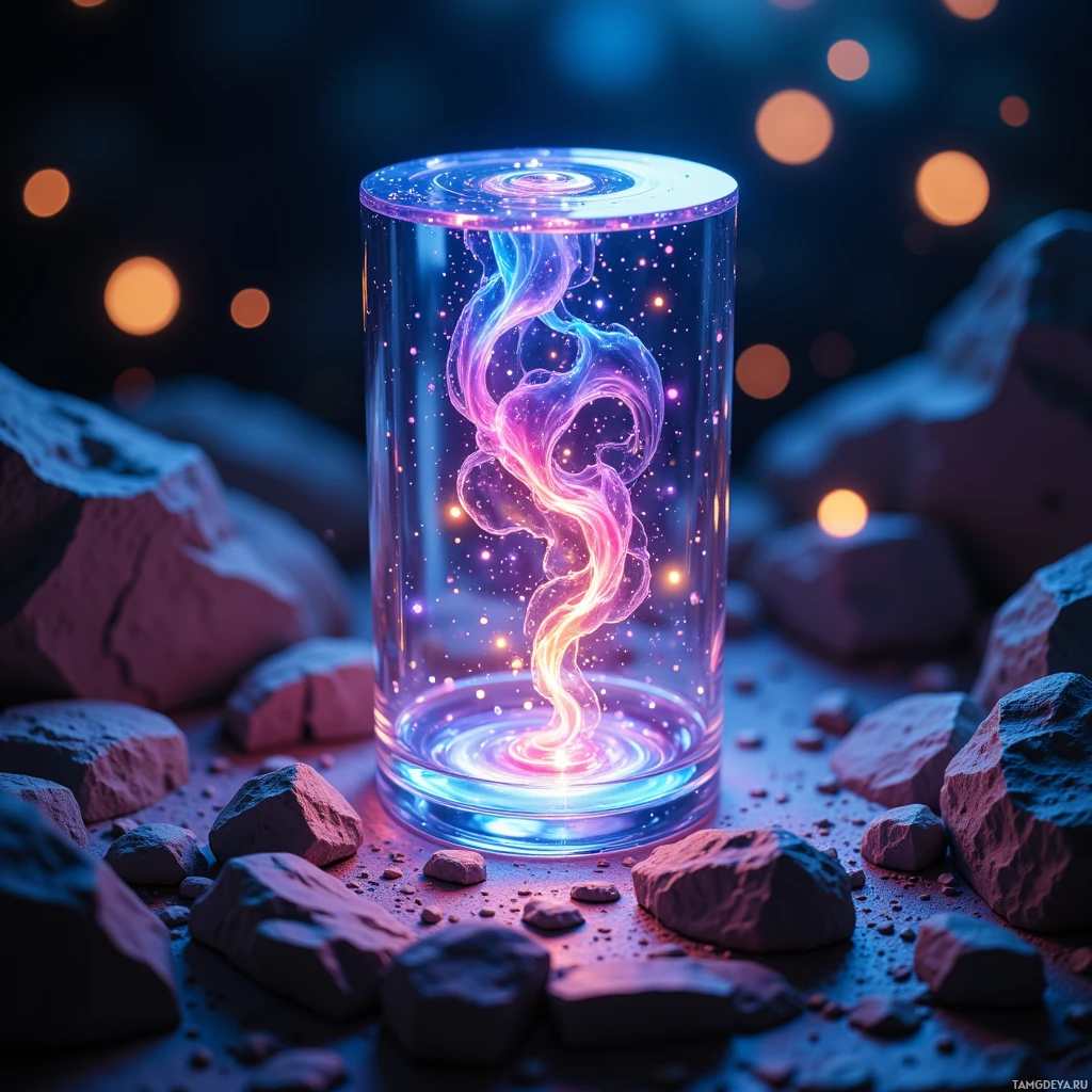 Semi-abstract image with many light, that is suitable for the post:  Pocket‑sized translucent crystal cylinder with a liquid‑glass surface that shifts iridescent hues to a subtle heartbeat rhythm, swirling luminous ink inside that writes glowing script while softly humming whenever it is touched.