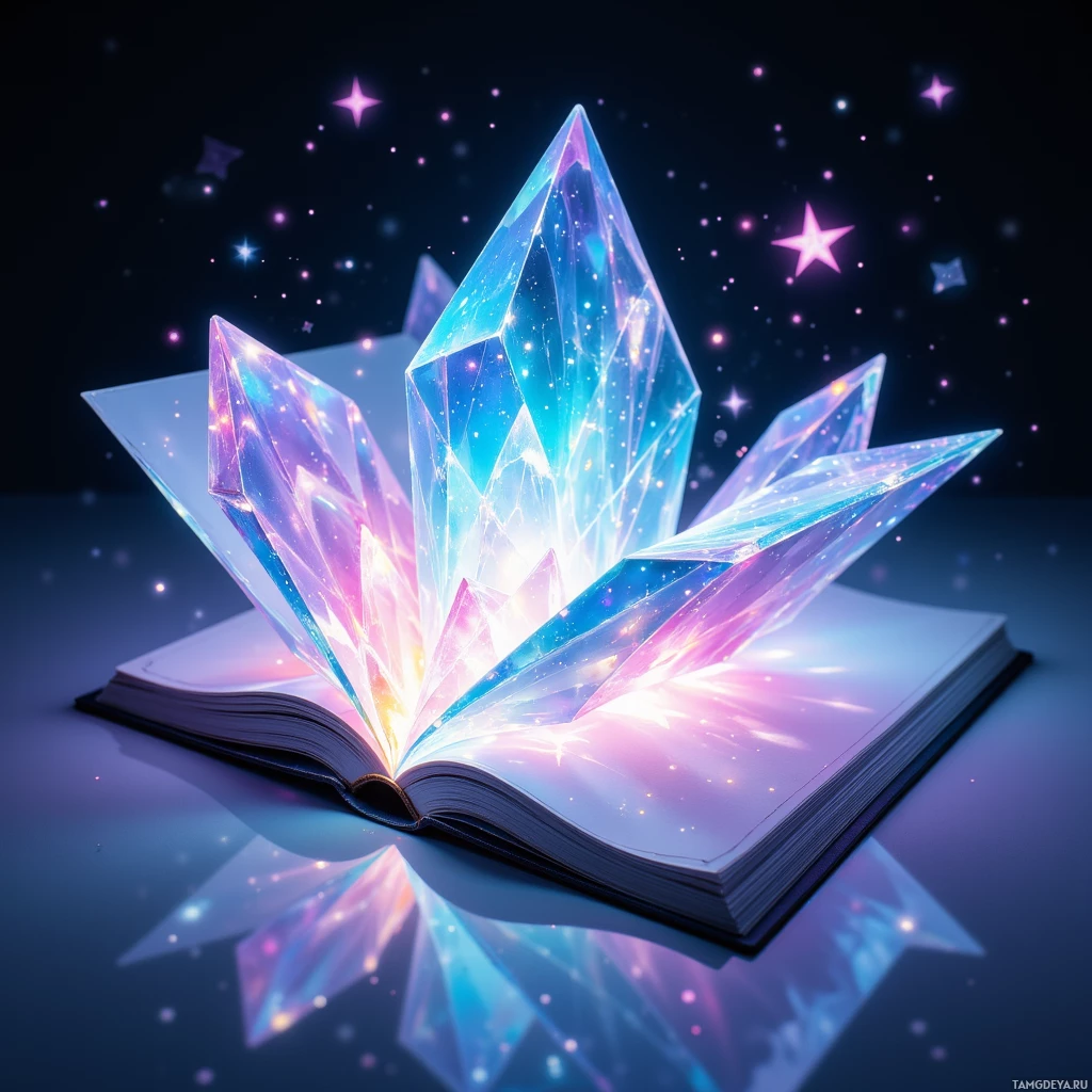 Semi-abstract image with many light, that is suitable for the post:  Translucent crystal‑shaped sketchbook made of polished glass facets with a sleek touch‑sensitive panel and tiny integrated battery compartment, emitting soft pastel holographic light that projects 3D images from the page.