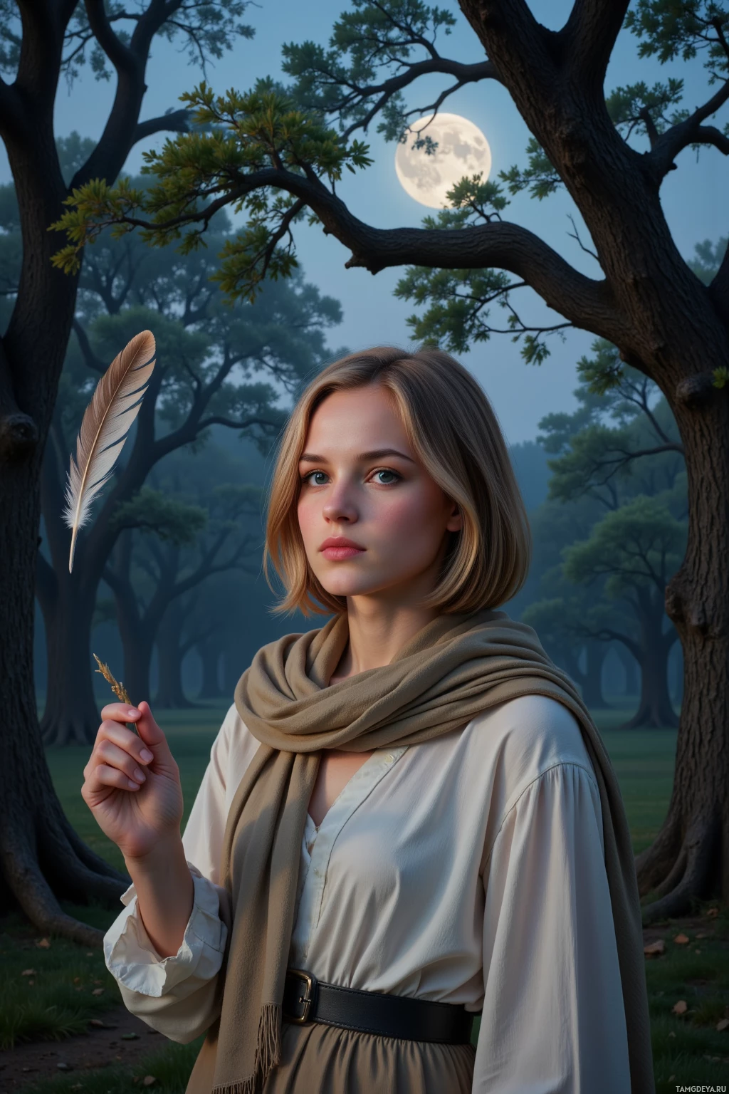Realistic high quality photo. Serene 31‑year‑old woman with shoulder-length light brown hair, green eyes, fair skin, wearing a flowing blouse and soft scarf, stands beneath ancient oak trees in a twilight forest, a delicate feather drifting in a gentle breeze as moonlight filters through the canopy to create soft, quiet shadows.