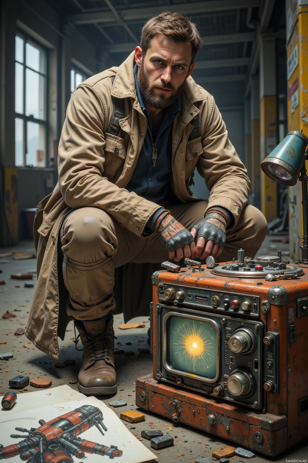 Realistic high quality photo. Male 39 with light brown hair, blue eyes, thick beard wearing a patched beige coat over layered utility clothes and work boots, bent over a rusted server core turned makeshift radio amid scattered broken drone parts and a sketch of a screaming toaster on the floor, dust swirling around a holographic lamp in an abandoned industrial sector.