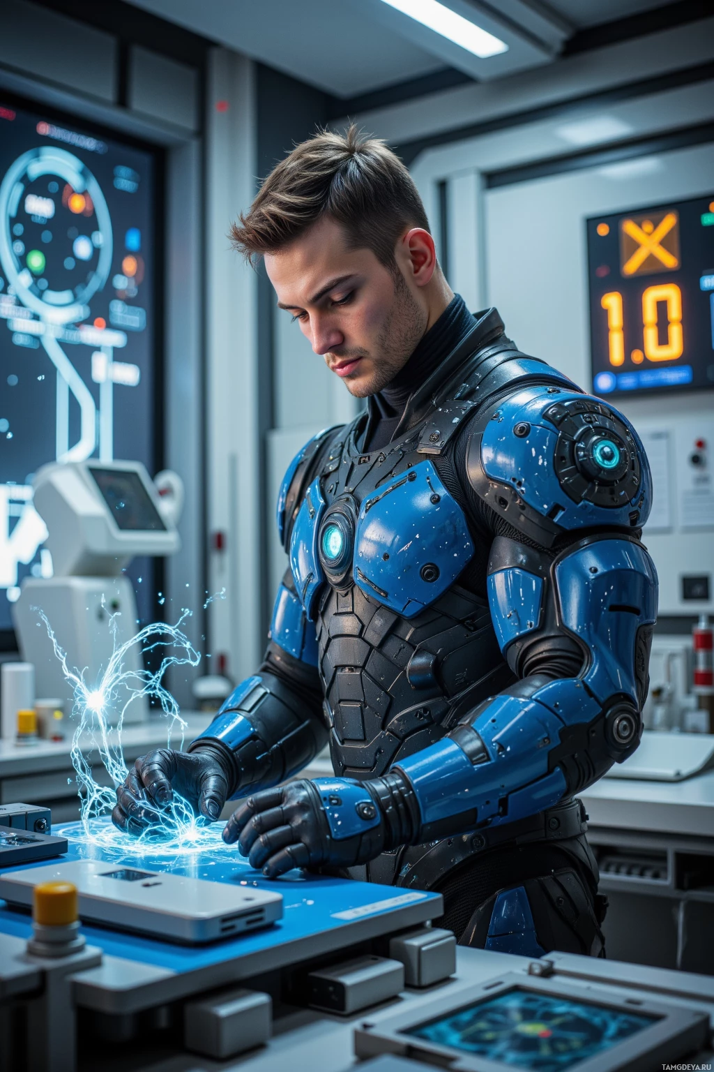 Realistic high quality photo. 31‑year‑old muscular man with short dark brown hair and piercing blue eyes, warm golden‑brown skin, wearing a sleek futuristic armored suit with glowing accents, calibrating a high‑tech adaptive neural mesh on a prototype exosuit in a sterile lab filled with holographic displays and precision instruments, focused and determined, daytime.