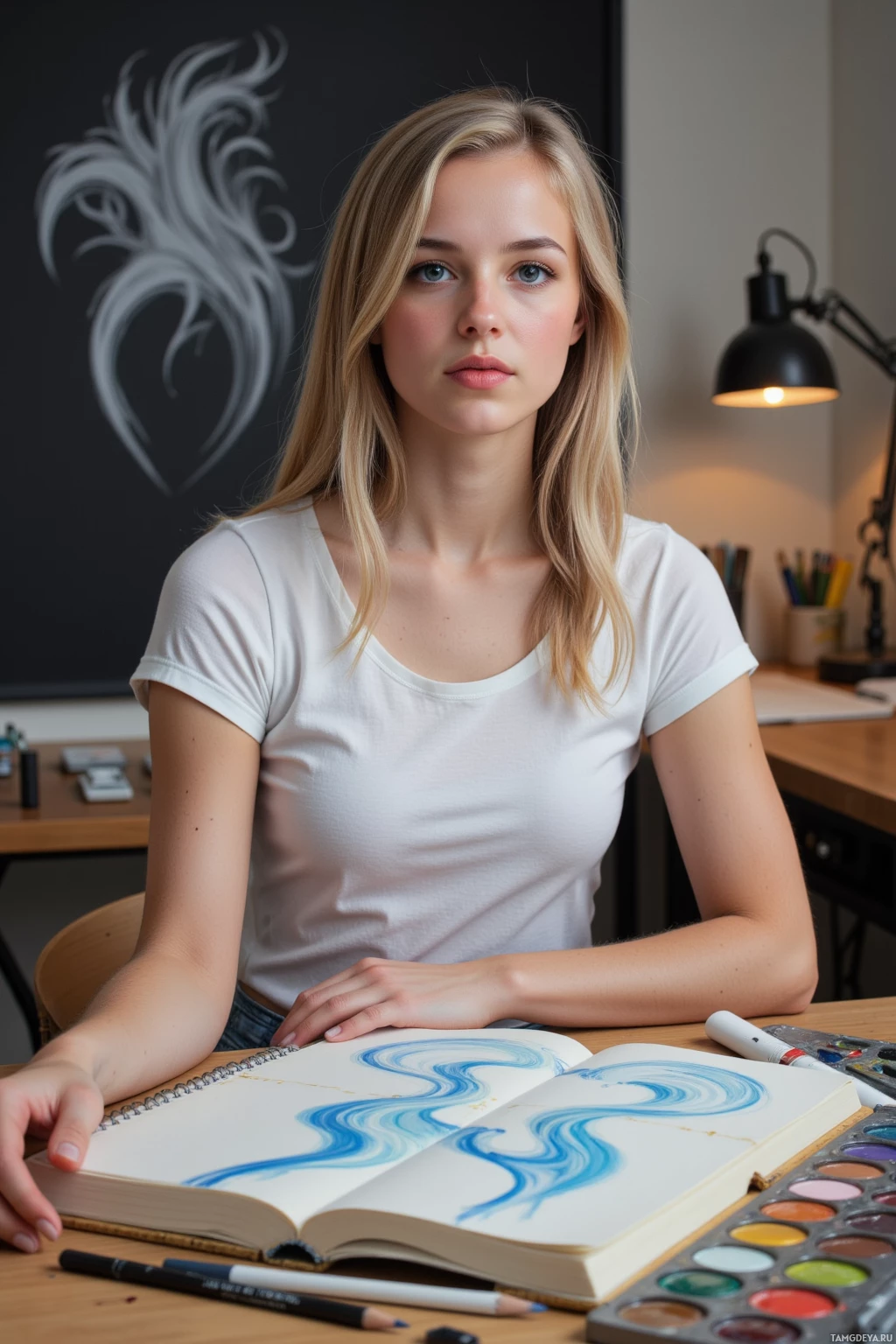 Realistic high quality photo. A 25‑year‑old woman with fair skin, loose blonde waves, bright blue eyes, wearing a white t‑shirt and fitted jeans, sits at a wooden desk in a quiet studio lit by a soft desk lamp, sketchbook open to a page of blue ripple lines, surrounded by a tray of paint palettes and scattered colored pencils, while she contemplates her next idea.