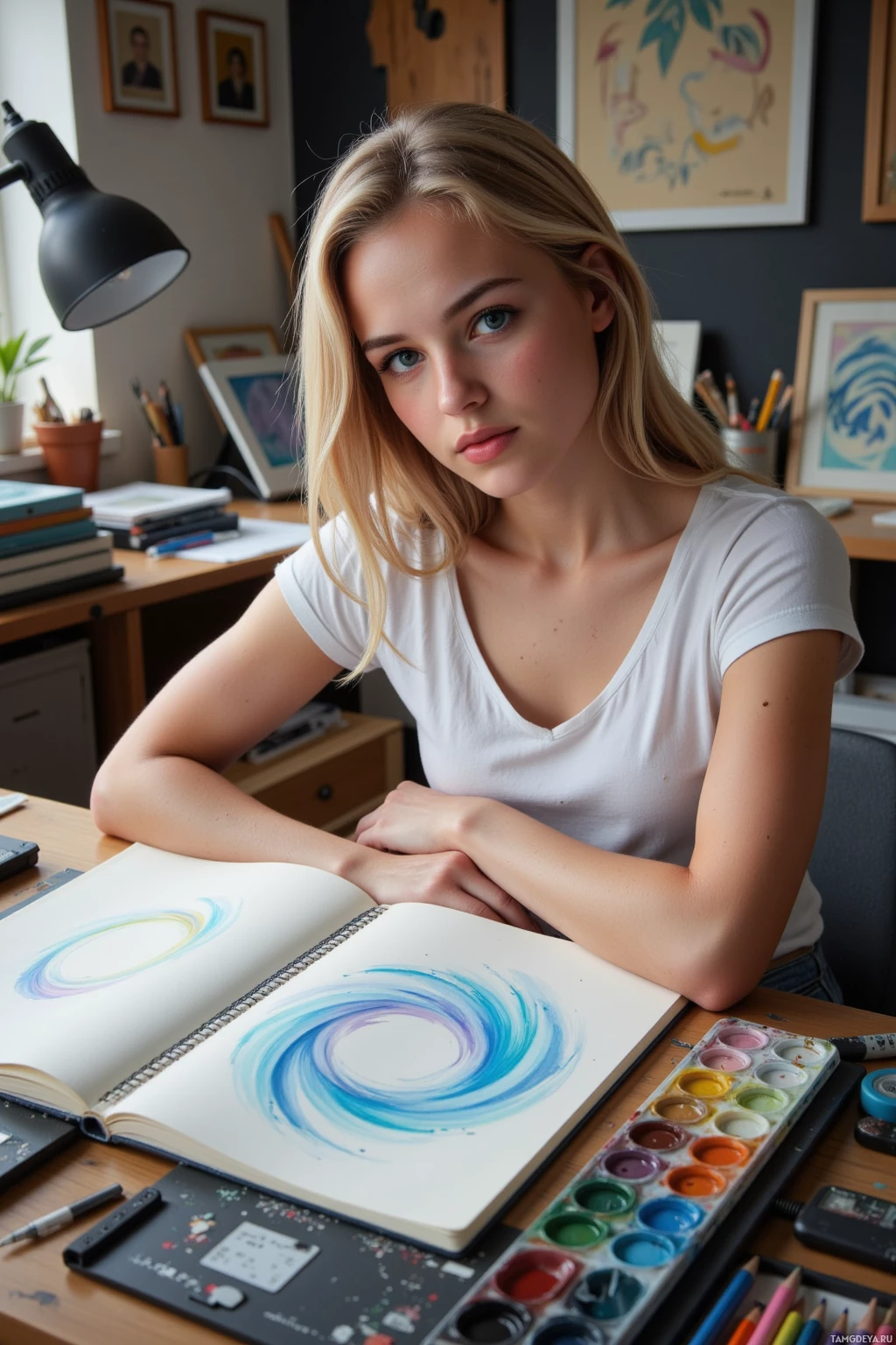 Realistic high quality photo. A 25‑year‑old woman with fair skin, loose blonde waves, bright blue eyes, wearing a white t‑shirt and fitted jeans, sits at a wooden desk in a quiet studio lit by a soft desk lamp, sketchbook open to a page of blue ripple lines, surrounded by a tray of paint palettes and scattered colored pencils, while she contemplates her next idea.