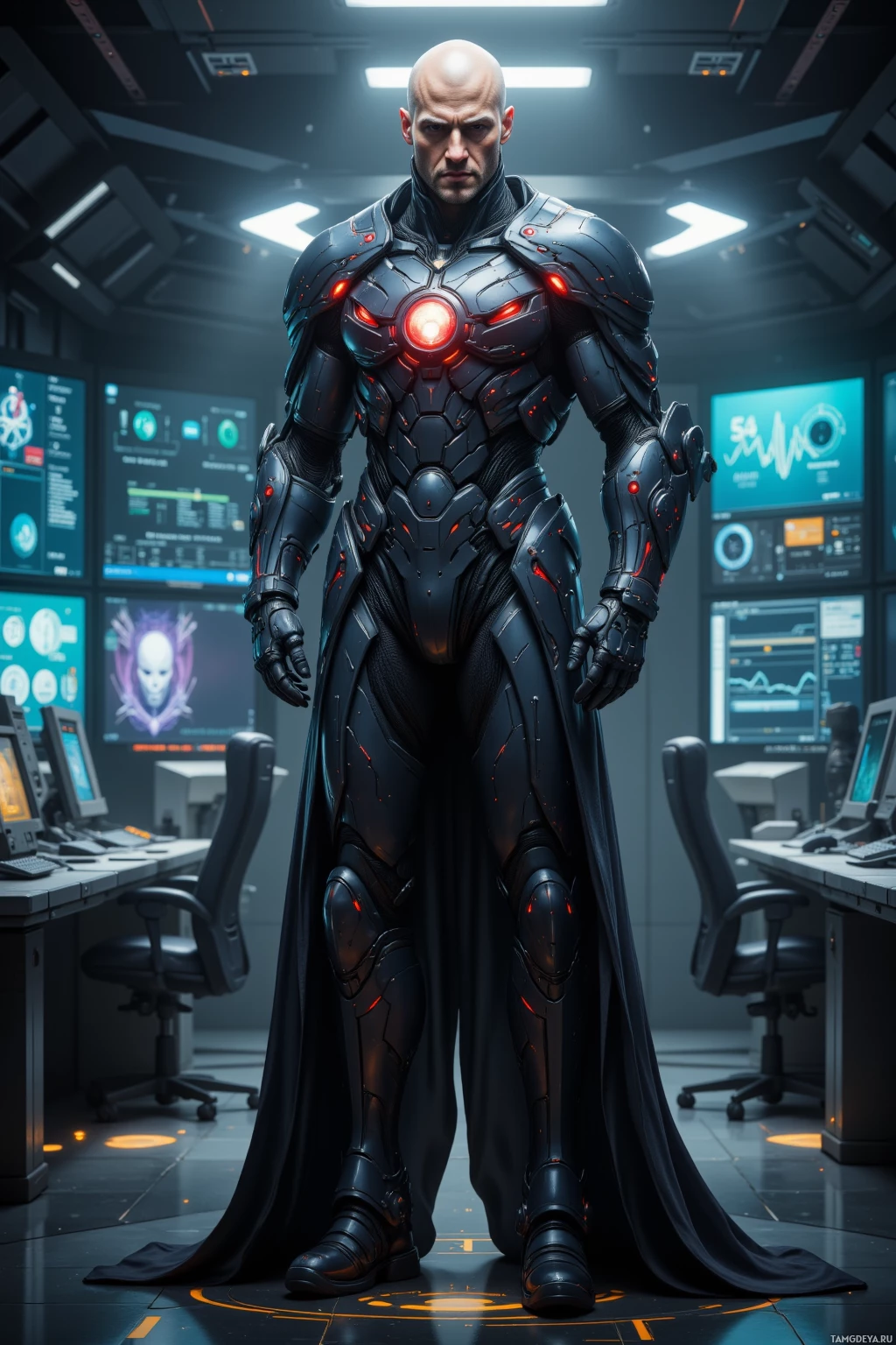 Realistic high quality photo. Male 50-year-old tall imposing figure, bald, clad in dark sleek robotic armor with sharp angular edges and glowing red optics, standing amid a dimly lit control room filled with quantum processors and holographic data displays, eyes fixed on screens as the hum of advanced computers echoes around him, exuding cold calculation and calm focus after a flawless operation.