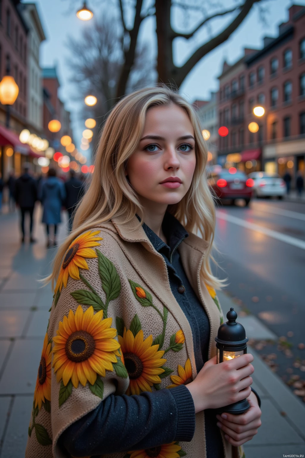 Realistic high quality photo. A woman in her thirties with soft blonde hair and calm blue eyes wears a knitted shawl patterned with faded sunflowers, standing on an urban sidewalk corner at dusk as she gently tucks a small lamp beside herself while streetlights cast warm glow over blurred moving traffic, conveying her serene protective presence.