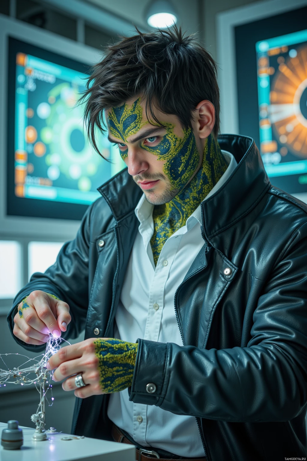 Realistic high quality photo. Man, 38, messy dark hair, piercing blue eyes, greenish reptilian skin, white shirt under armored trench coat, tightening a glowing filament inside a sterile bioengineering lab with holographic sensor readouts, a fox bow tie fluttering beside a broken prototype, a tiny vibration emitter humming beside a scaffold, while a geometry shift flickers in the floating display.