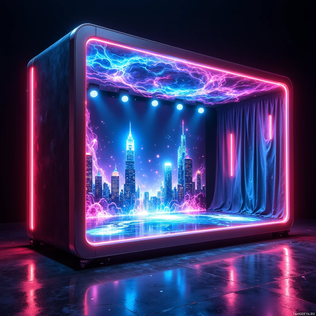 Semi-abstract image with many light, that is suitable for the post:  Sleek matte‑black portable theater rig with iridescent LED edges pulsing like a heartbeat, a holographic projector projecting swirling velvet curtain and neon cityscape backdrops, and integrated dynamic lighting cues.