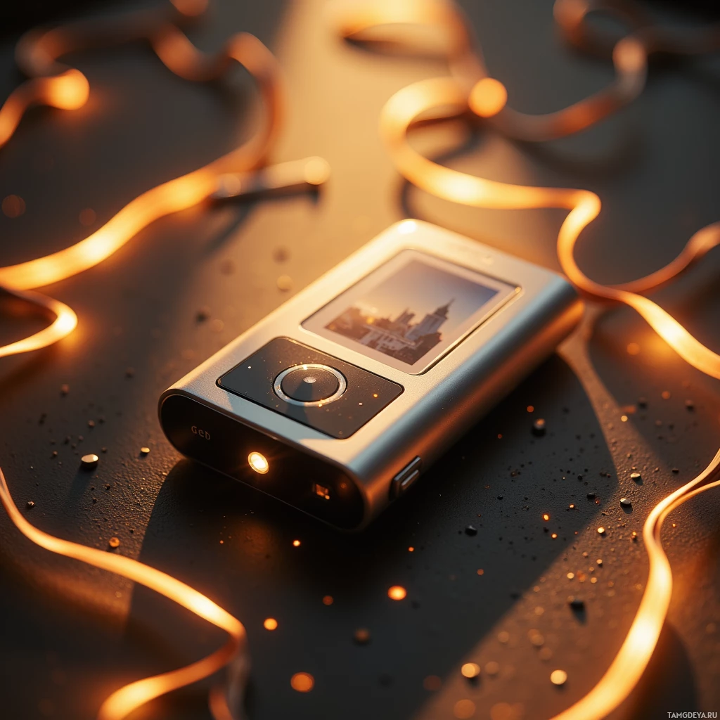 Semi-abstract image with many light, that is suitable for the post:  Compact handheld instant photo printer with a sleek brushed aluminum case, tiny black LCD screen, subtle amber pulsing LED glow, slim portable design that prints images onto translucent paper instantly.