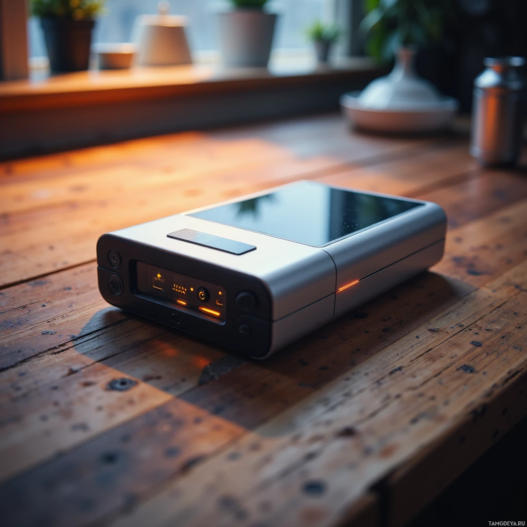 Semi-abstract image with many light, that is suitable for the post:  Compact handheld instant photo printer with a sleek brushed aluminum case, tiny black LCD screen, subtle amber pulsing LED glow, slim portable design that prints images onto translucent paper instantly.