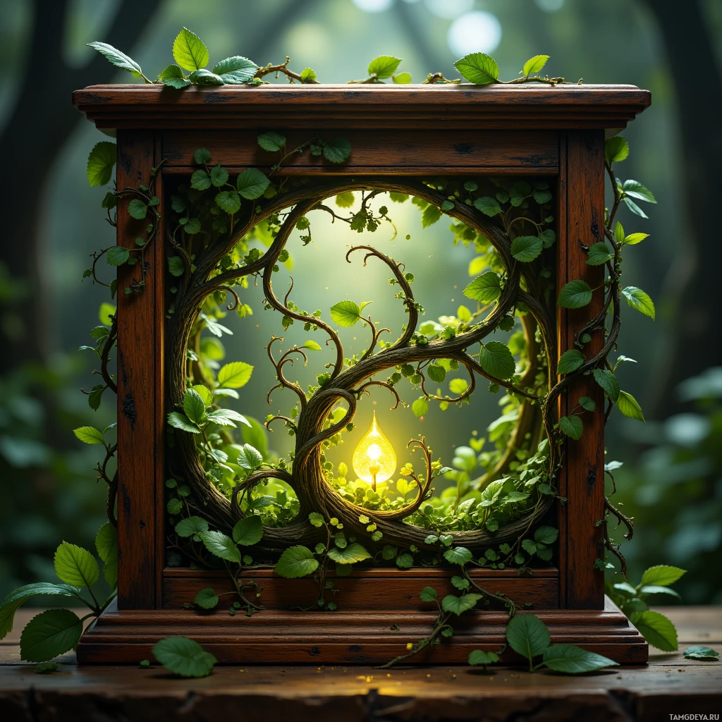Semi-abstract image with many light, that is suitable for the post:  A tiny wooden herbarium box with intricately carved curling vines, miniature windows that glow like fireflies, and small translucent green buds inside that subtly quiver.