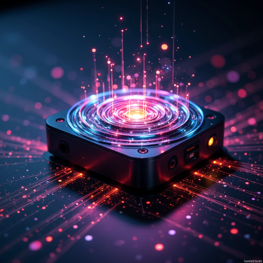 Semi-abstract image with many light, that is suitable for the post:  A pocket‑sized field generator with a matte‑black alloy chassis, pulsing iridescent filaments spiraling along its surface, glowing softly and shifting colors, sleek and compact.