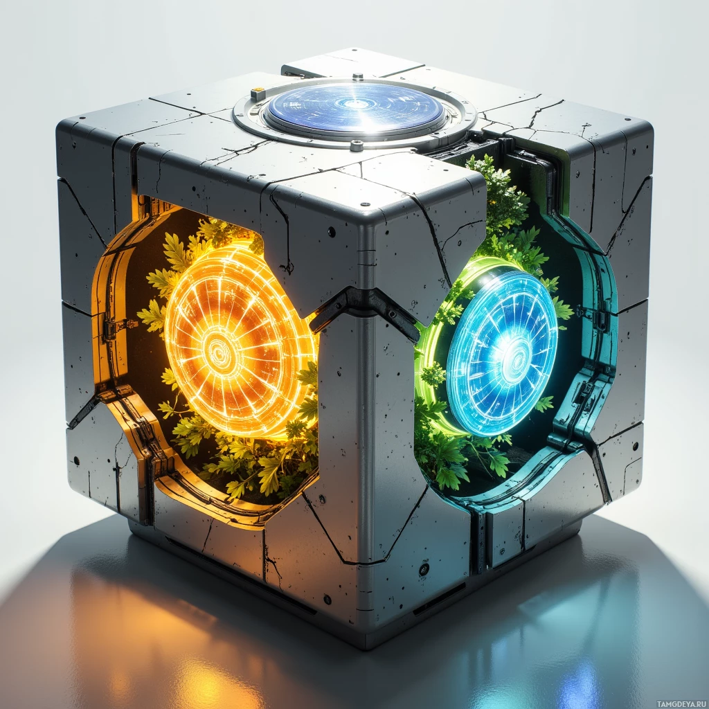 Semi-abstract image with many light, that is suitable for the post:  A sleek titanium cube, matte silver with intricate glowing amber glyphs etched on its surface, partially transparent corners revealing a vibrant green hydroponic chamber, a shimmering reflective solar array, and a translucent blue adaptive shield deploying from its center, all bathed in soft sunlight.