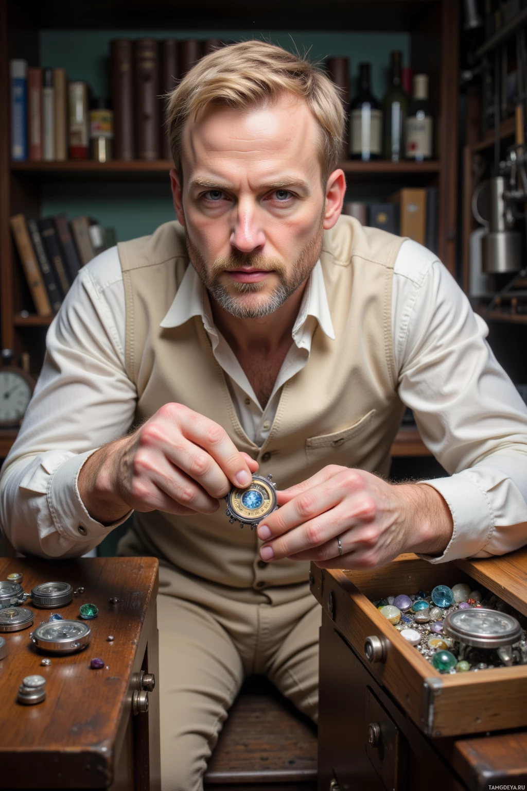 Realistic high quality photo. A 45‑year‑old man with short blonde hair, pale blue eyes, pale skin, wearing a cream vest over a light shirt and beige slacks, carefully tightening a rivet on the back plate of a watch in a tidy workshop, a tiny gap visible, with a drawer of flawed gemstones beside the desk, radiating measured precision and quiet obsession.
