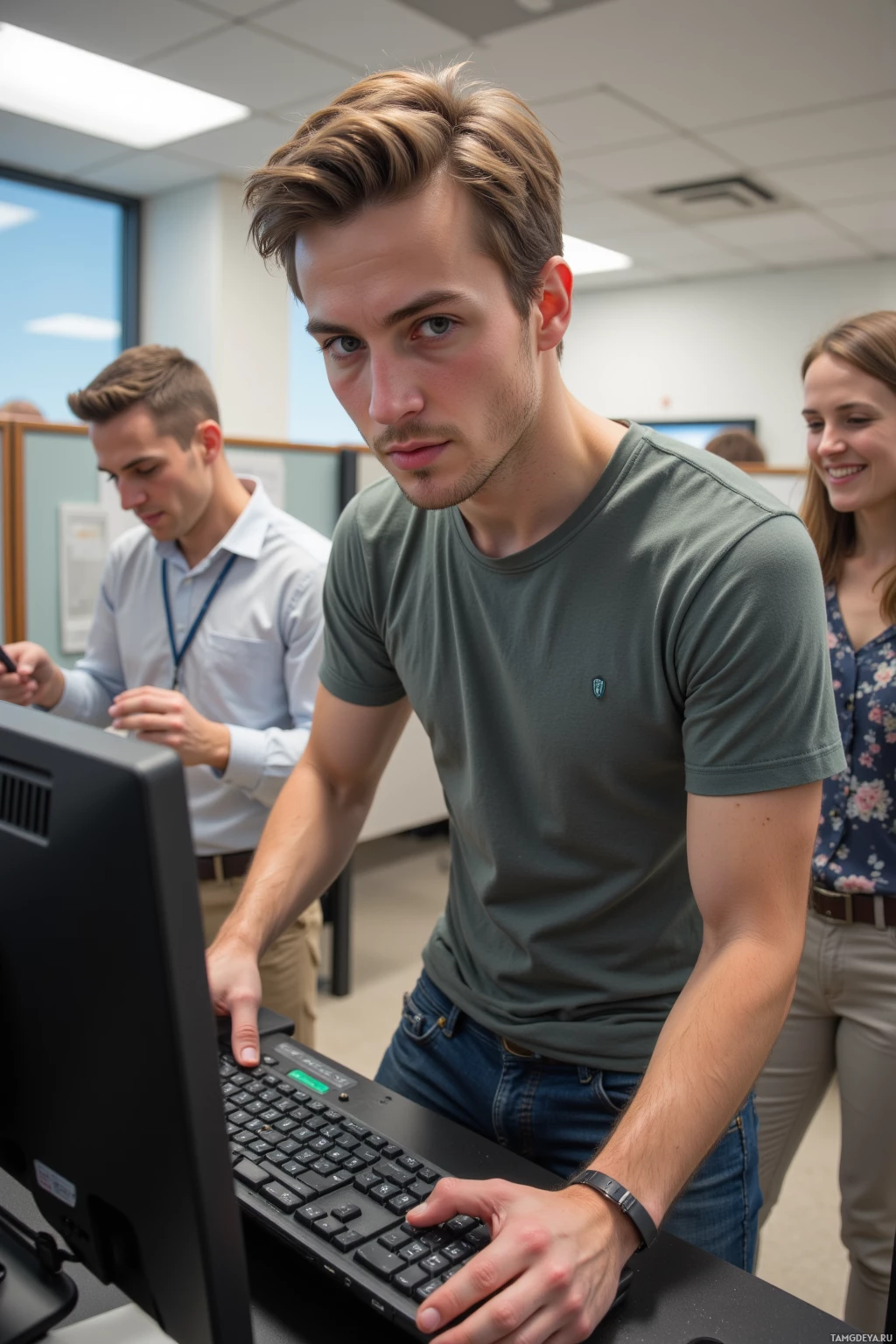 Realistic high quality photo. Male, 29, messy light brown hair, bright blue eyes, pale skin, wearing a t‑shirt and jeans, stands in an office cubicle at 3 PM, using a stapler modified with a rubber band to launch a boss’s keyboard across the desk while coworkers laugh around him.