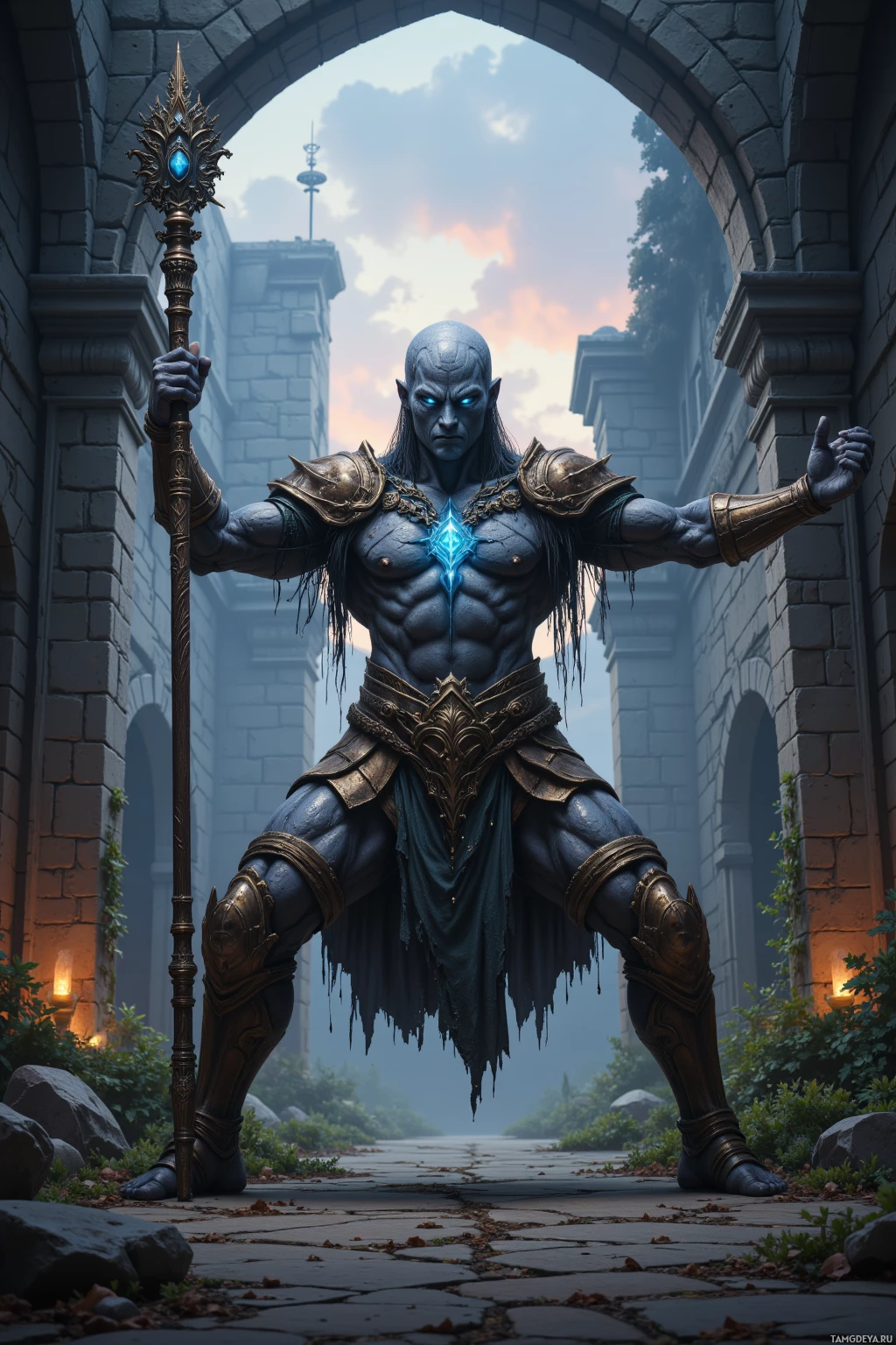 Realistic high quality photo. Male guardian with rugged gray‑brown rocky skin, thick scaly armor plates with sharp ridges, intense blue glowing eyes, no hair, holding a heavy scepter, standing in ancient crumbling stone ruins covered with vines, performing a yoga pose called Perpetual Shield with arms extended, a faint glowing WiFi relic antenna atop a broken column, under a shifting twilight sky, calm yet rigid posture in a medieval fantasy setting.