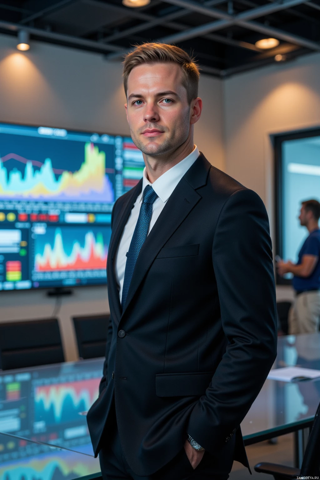 Realistic high quality photo. A sharp-featured man in his late 30s with short dark blonde hair and blue eyes, wearing a tailored black suit, crisp white shirt and slim tie, confidently standing beside a glass conference table with glowing computer screens displaying dynamic stock charts in a modern corporate boardroom under natural daylight.