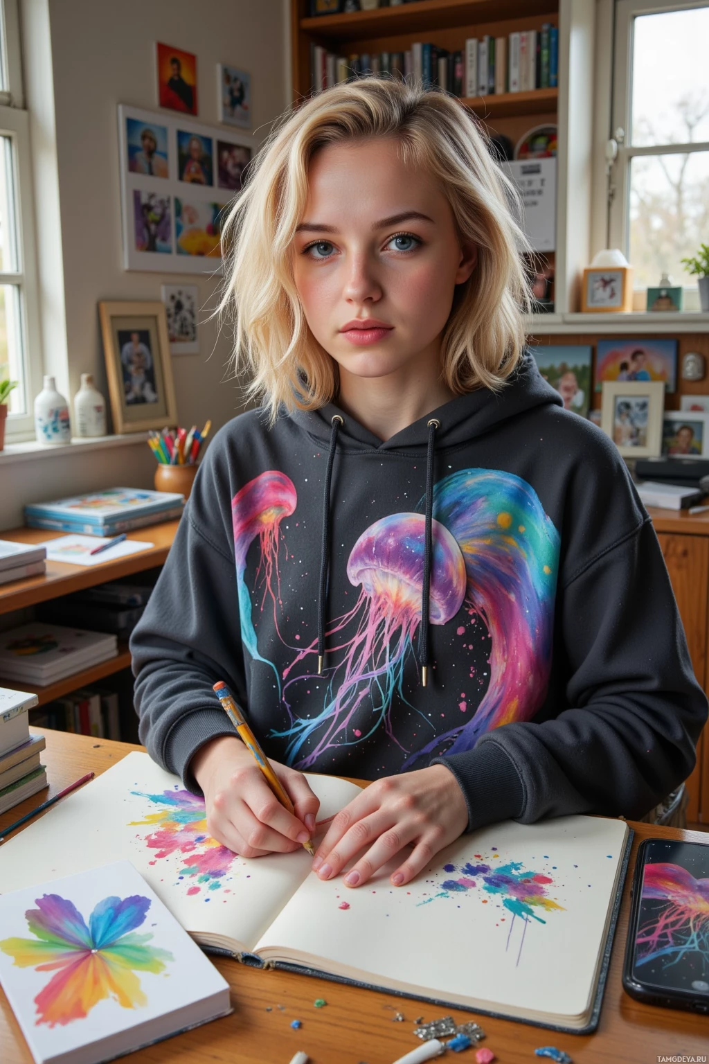 Realistic high quality photo. Woman, 22, curly blonde hair, bright blue eyes, wearing an oversized hoodie with a jellyfish print, blue jeans and sneakers, sits at a wooden desk in a warmly lit home studio, holding a phone that displays a subtle glitch ripple on its screen, sketching a whimsical collage of colors on a sketchbook while writing a handwritten note on a notepad, surrounded by scattered colored pencils, a stack of postcards, and a small window letting early afternoon sunlight in.