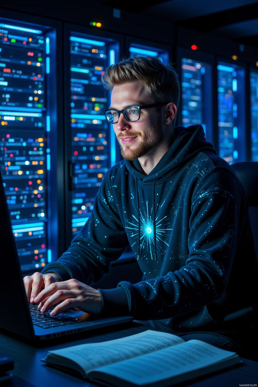 Realistic high quality photo. A 30‑year‑old male cybersecurity expert with short blonde hair, a neat beard, piercing blue eyes, pale skin, wearing a dark tech‑patterned hoodie and minimalist glasses, grins as he types into a monitor displaying symmetrical sunrise‑like code, surrounded by humming server racks under low blue LEDs in a night‑time data center, a half‑finished algorithm on a desk, a quantum encryption book beside him, reflecting his focused, dry‑witted personality.