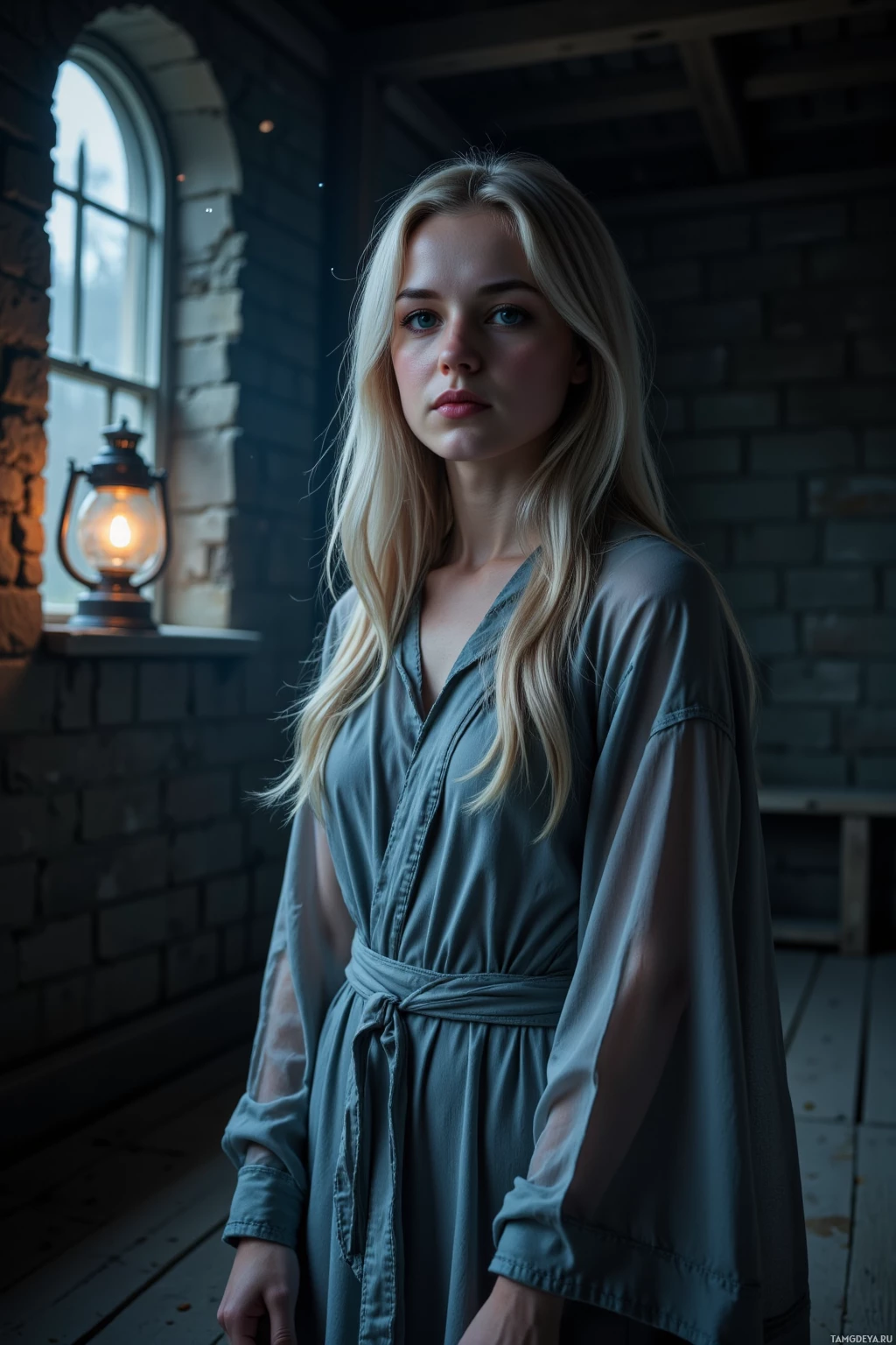 Realistic high quality photo. woman with long silver hair, soft blue eyes, pale skin, translucent robe, calm expression, standing in a dim attic at night with worn floorboards, a faint ember from a forgotten lantern casting gentle light near a window, leaving tiny glowing crumbs of thought beside the window, the scene bathed in quiet, ethereal night light