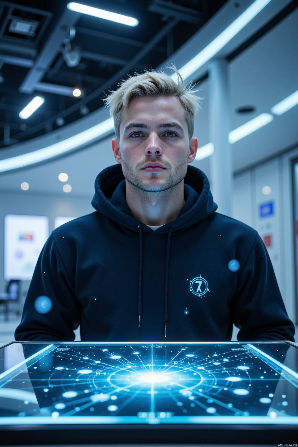 Realistic high quality photo. 28‑year‑old male, styled platinum blonde hair, blue eyes, white skin, sharp jawline, wearing a dark hoodie with crypto logos, standing in a sleek quantum computing command center at dawn, surrounded by floating holographic ledger nodes emitting translucent data streams as he maps patterns on a transparent interface.
